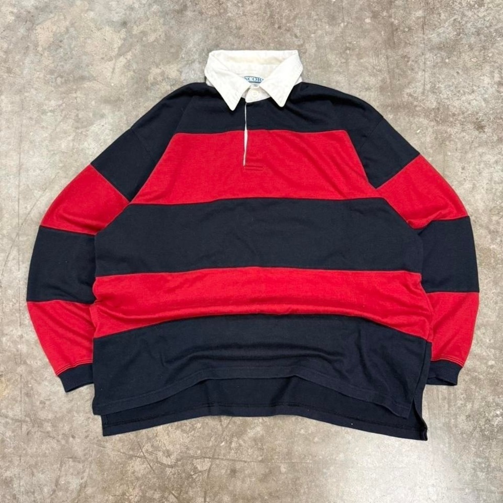 Vintage 90s SCORE Red & Navy Blue Striped Polo Rugby Size L